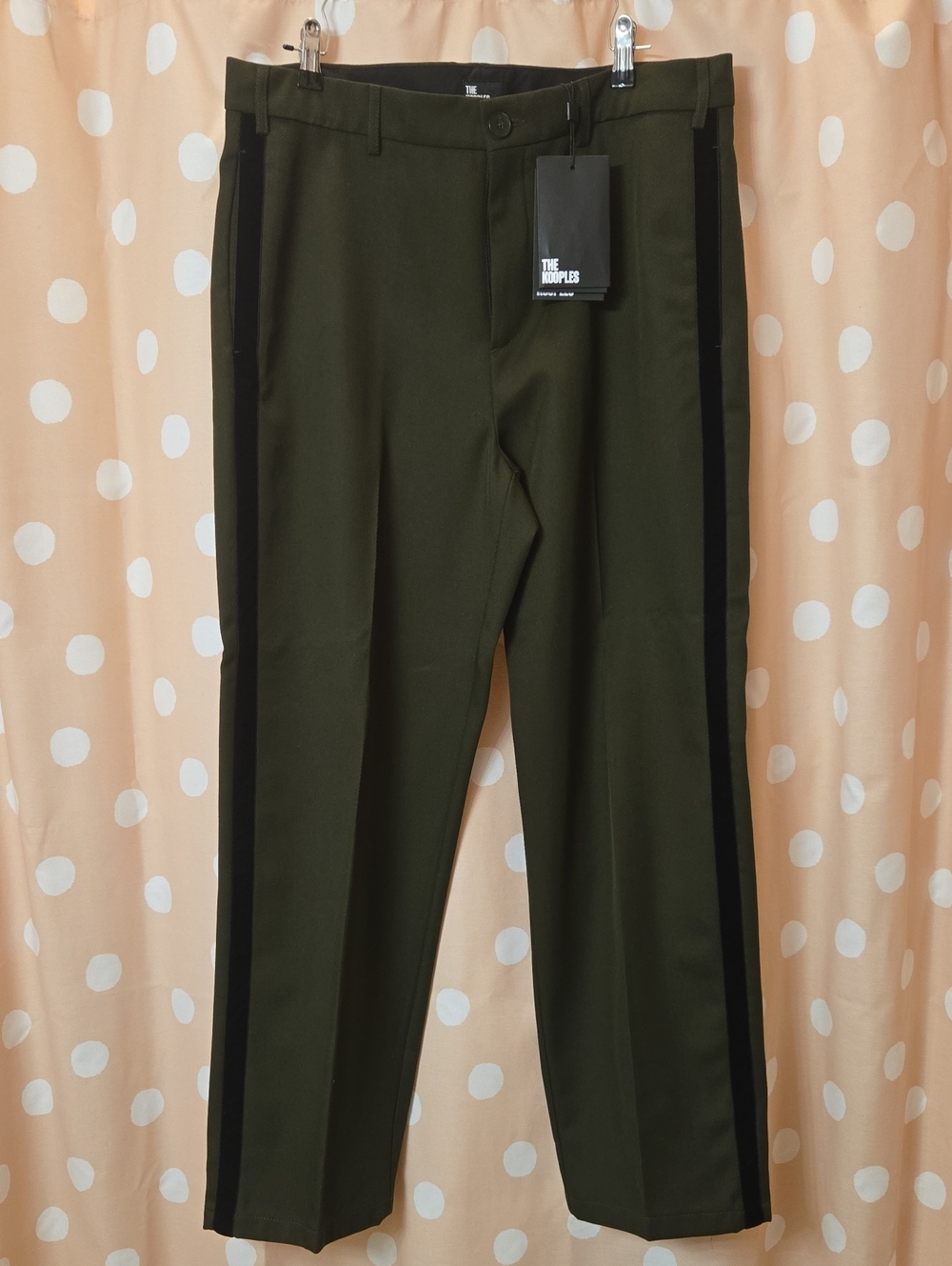 Kooples Wool Blend Trouser w/ Velvet Trim 38 Waist (Sz 52 Fr) Olive & Black